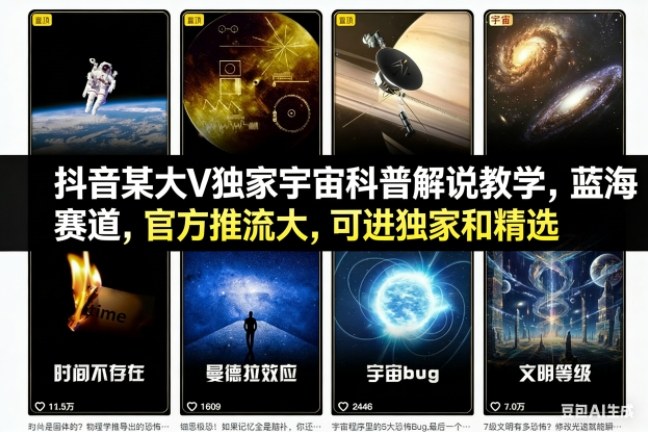 抖音某大V独家宇宙科普解说教学，蓝海赛道，官方推流大，可进独家和精选-智联创客