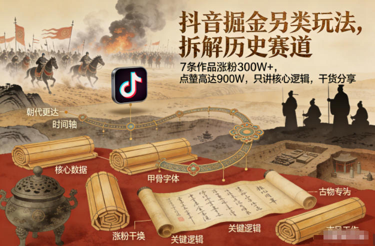 抖音掘金另类玩法，拆解历史赛道，7条作品涨粉300W+，点赞量高达900W，只讲核心逻辑，干货分享-智联创客