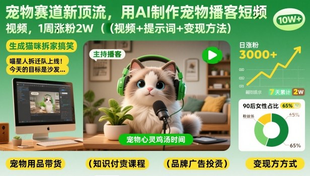 宠物赛道新顶流，用AI制作宠物播客短视频，1周涨粉2W(视频+提示词+变现方法)-智联创客