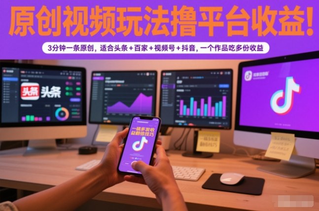 原创视频玩法撸平台收益，3分钟一条原创，适合头条+百家+视频号+抖音，一个作品吃多份收益-智联创客