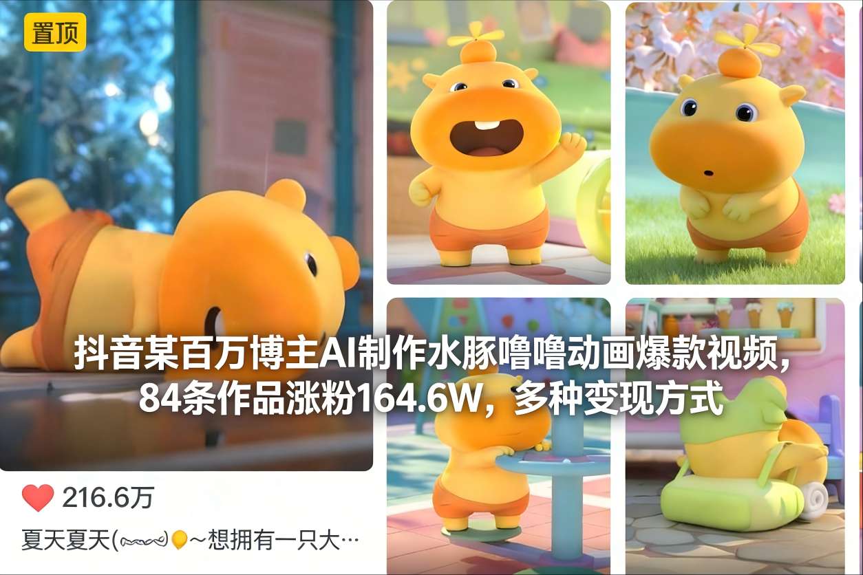 抖音某百万博主AI制作水豚噜噜动画爆款视频，84条作品涨粉164.6W，多种变现方式-智联创客